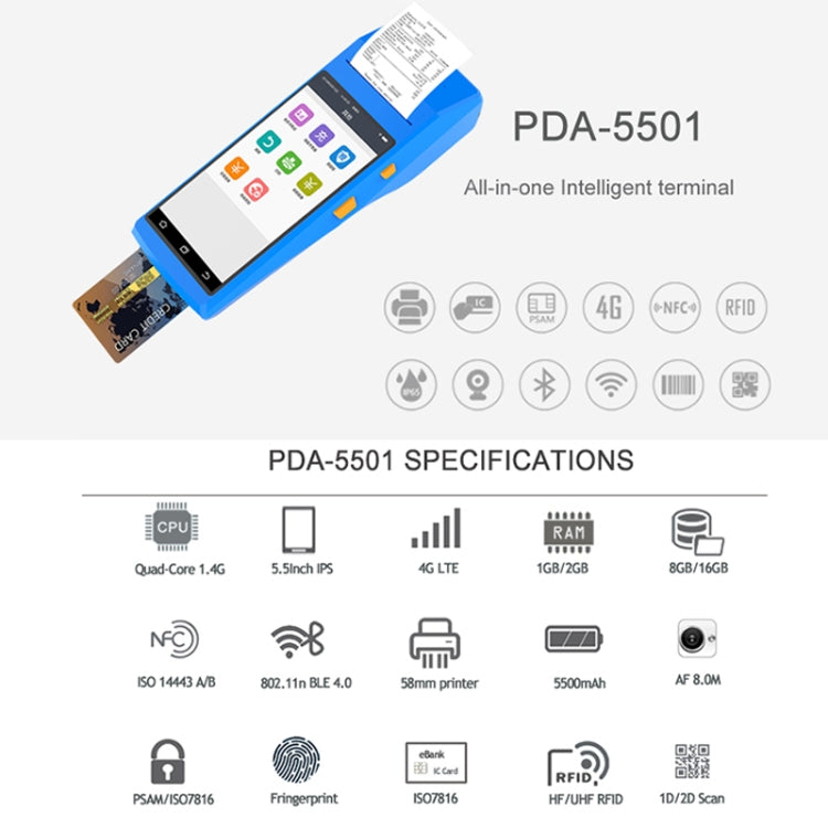 PDA-5501 Multi-function 5.5 inch IPS Screen IP65 Protection All-in-one Intelligent Terminal, Built-in Thermal Line Printer & MIC & Speaker, Support WiFi & Bluetooth & GPS(Blue)