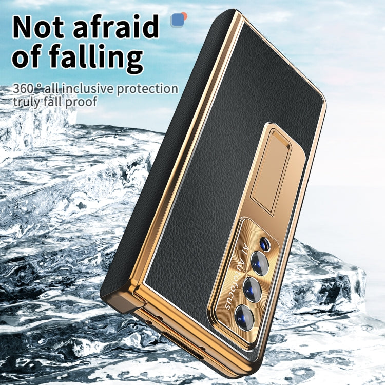 For Samsung Galaxy Z Fold3 5G Litchi Pattern Magnetic Shell Film Integrated Shockproof Phone Case(Black Gold)