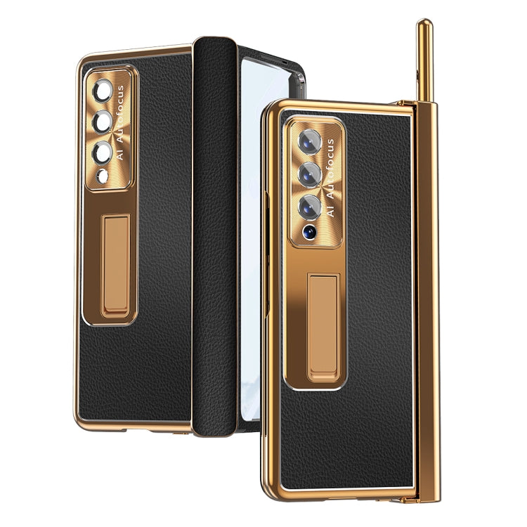 For Samsung Galaxy Z Fold3 5G Litchi Pattern Magnetic Shell Film Integrated Shockproof Phone Case(Black Gold)