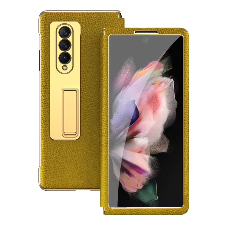 For Samsung Galaxy Z Fold4 Cross Texture Integrated Electroplating Hinge Flip Phone Case with Tempered Film(Gold)