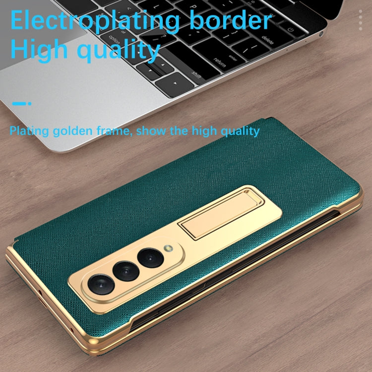 For Samsung Galaxy Z Fold4 Cross Texture Integrated Electroplating Hinge Flip Phone Case with Tempered Film(Gold)