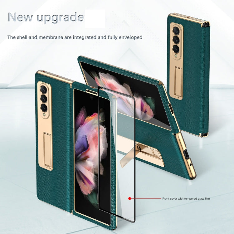 For Samsung Galaxy Z Fold4 Cross Texture Integrated Electroplating Hinge Flip Phone Case with Tempered Film(Gold)