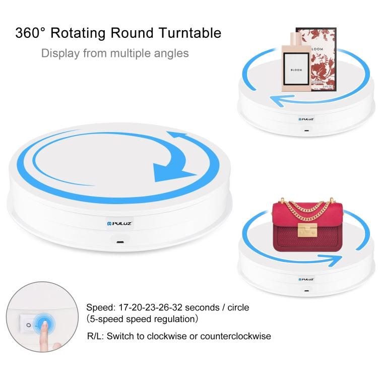 PULUZ 30cm Adjusting Speed Rotating Turntable Display Stand, Load 10-15kg, US Plug(White)