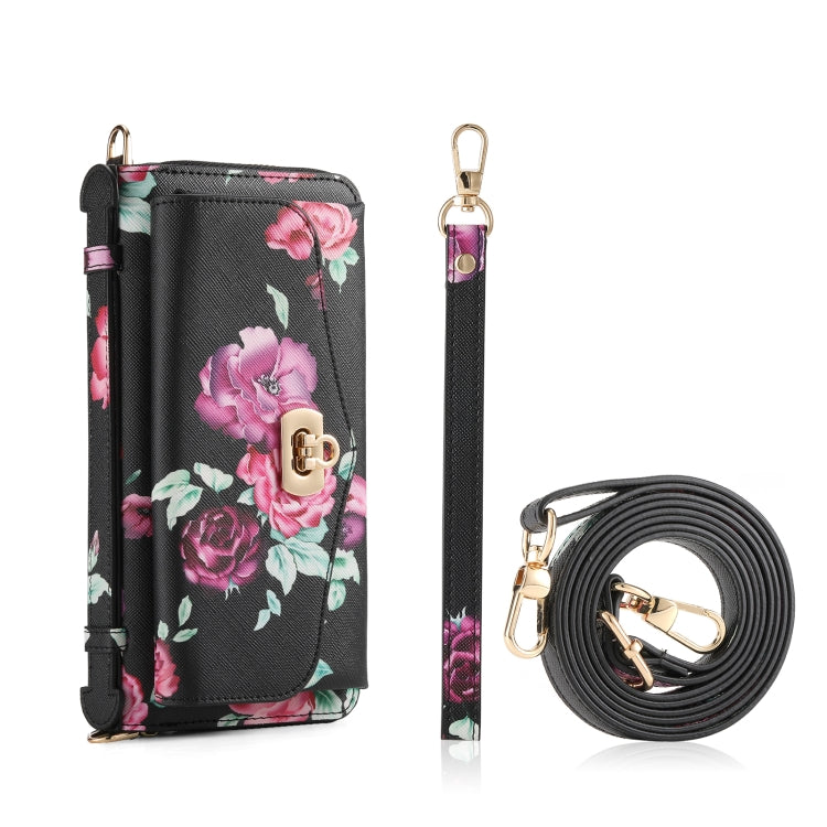 For Samsung Galaxy S24 5G Flower Multi-functional Crossbody Zipper Wallet Leather Phone Case(Black)