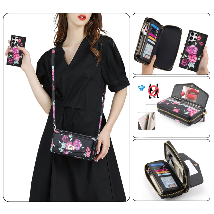 For Samsung Galaxy S24 5G Flower Multi-functional Crossbody Zipper Wallet Leather Phone Case(Black)