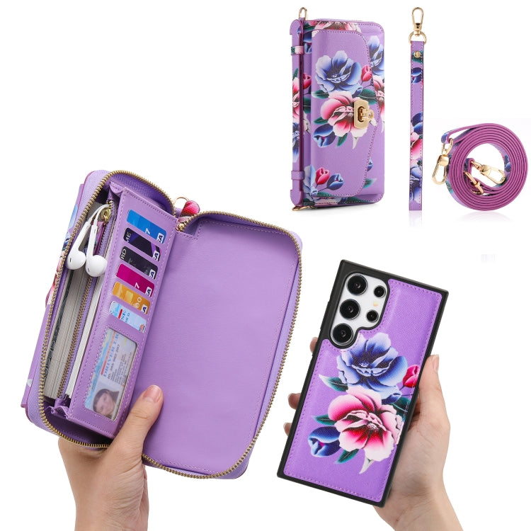 For Samsung Galaxy S24+ 5G Flower Multi-functional Crossbody Zipper Wallet Leather Phone Case(Purple)