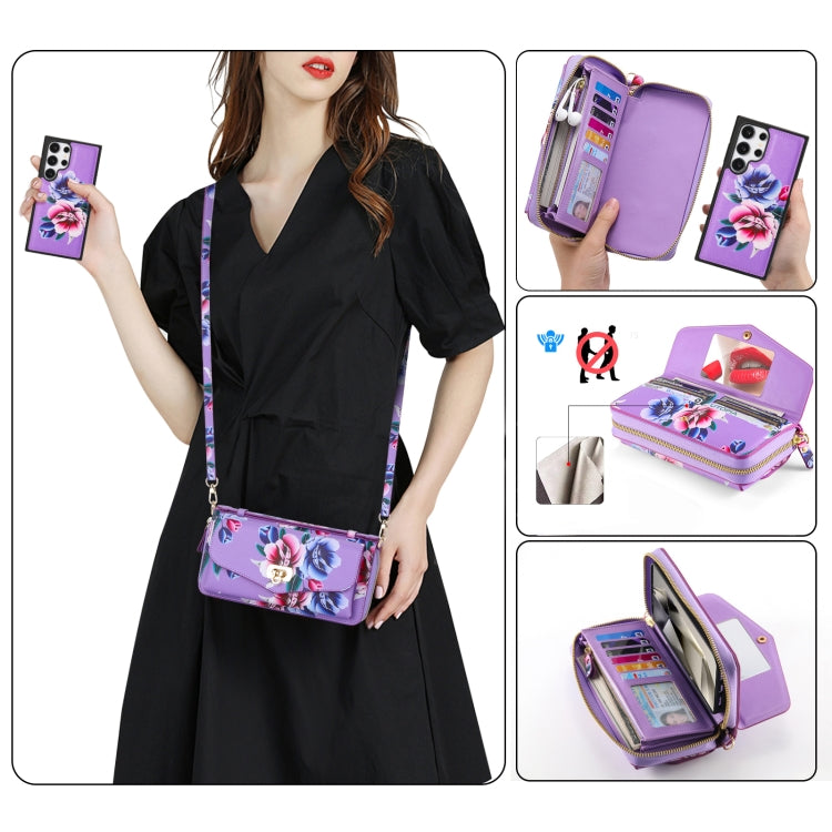 For Samsung Galaxy S24+ 5G Flower Multi-functional Crossbody Zipper Wallet Leather Phone Case(Purple)