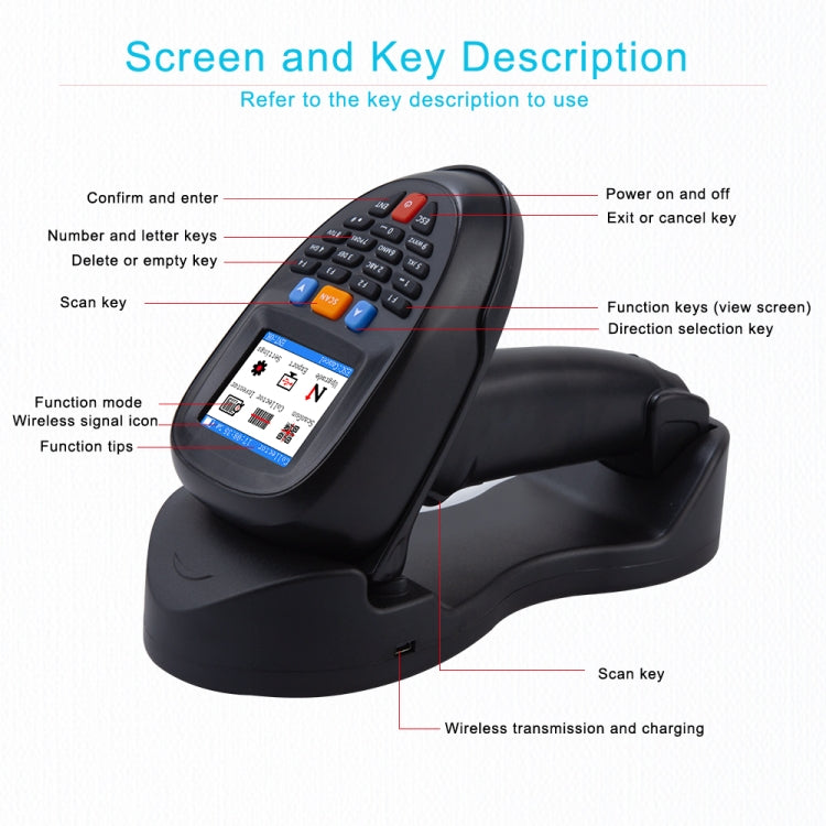 1D Laser  Wireless Barcode Reader Scanner Data Collector With 2.2-Inch LCD Screen