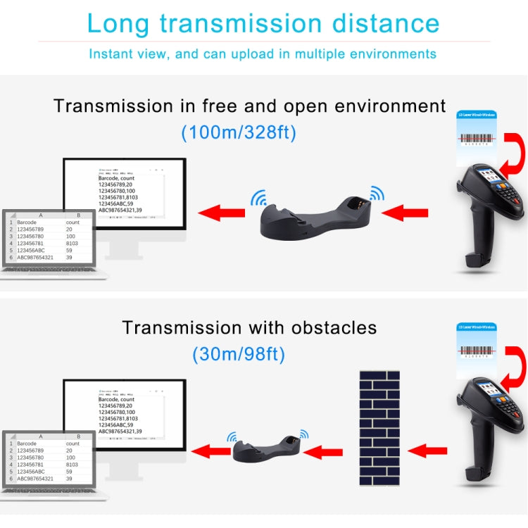 1D Laser  Wireless Barcode Reader Scanner Data Collector With 2.2-Inch LCD Screen