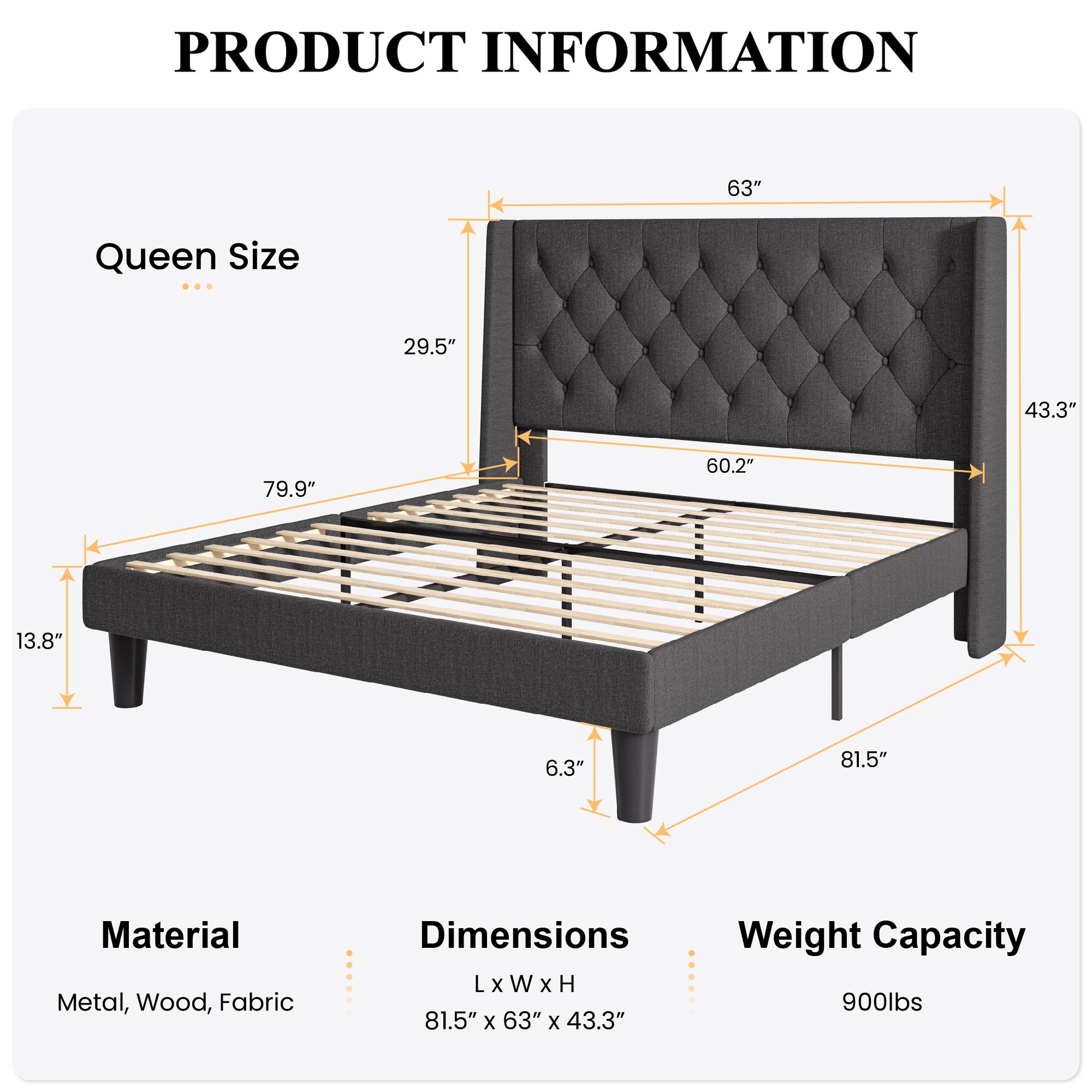 Platform Bed Frame with Upholstered Headboard and Wingback, Button Tufted Design