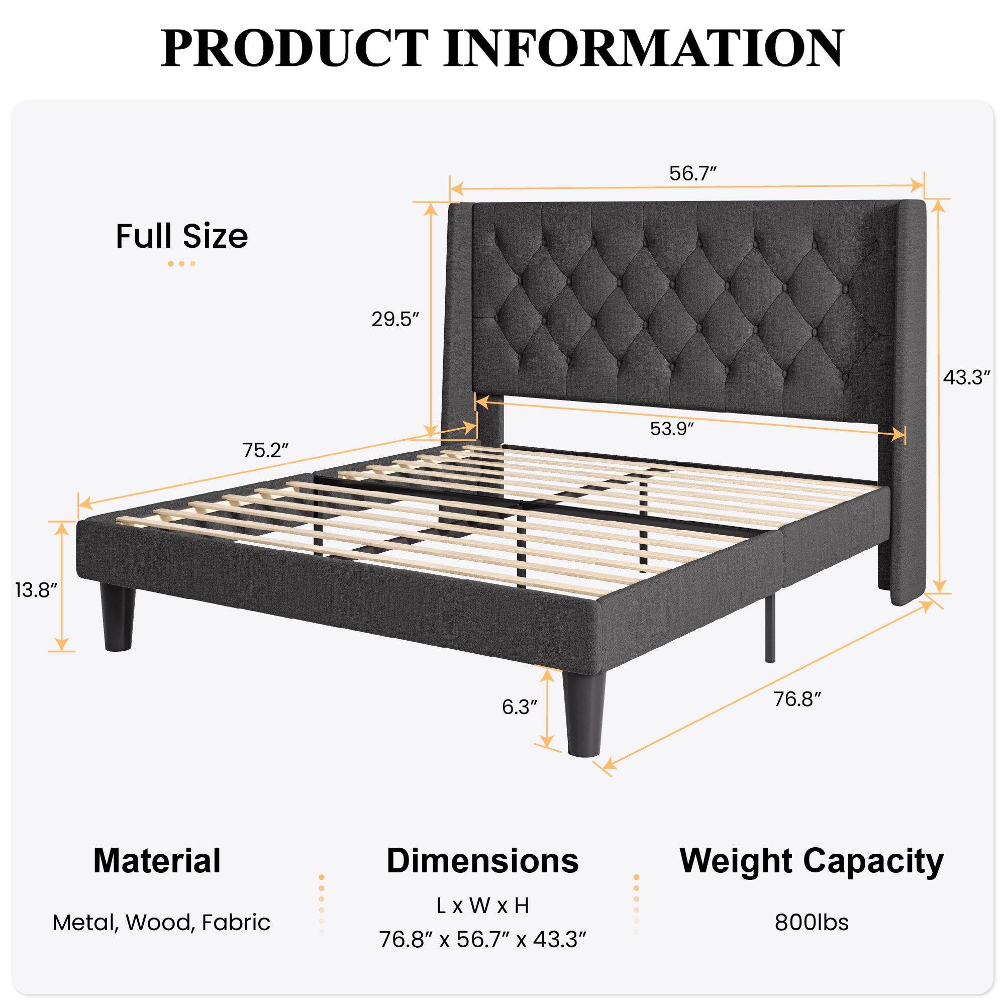 Platform Bed Frame with Upholstered Headboard and Wingback, Button Tufted Design