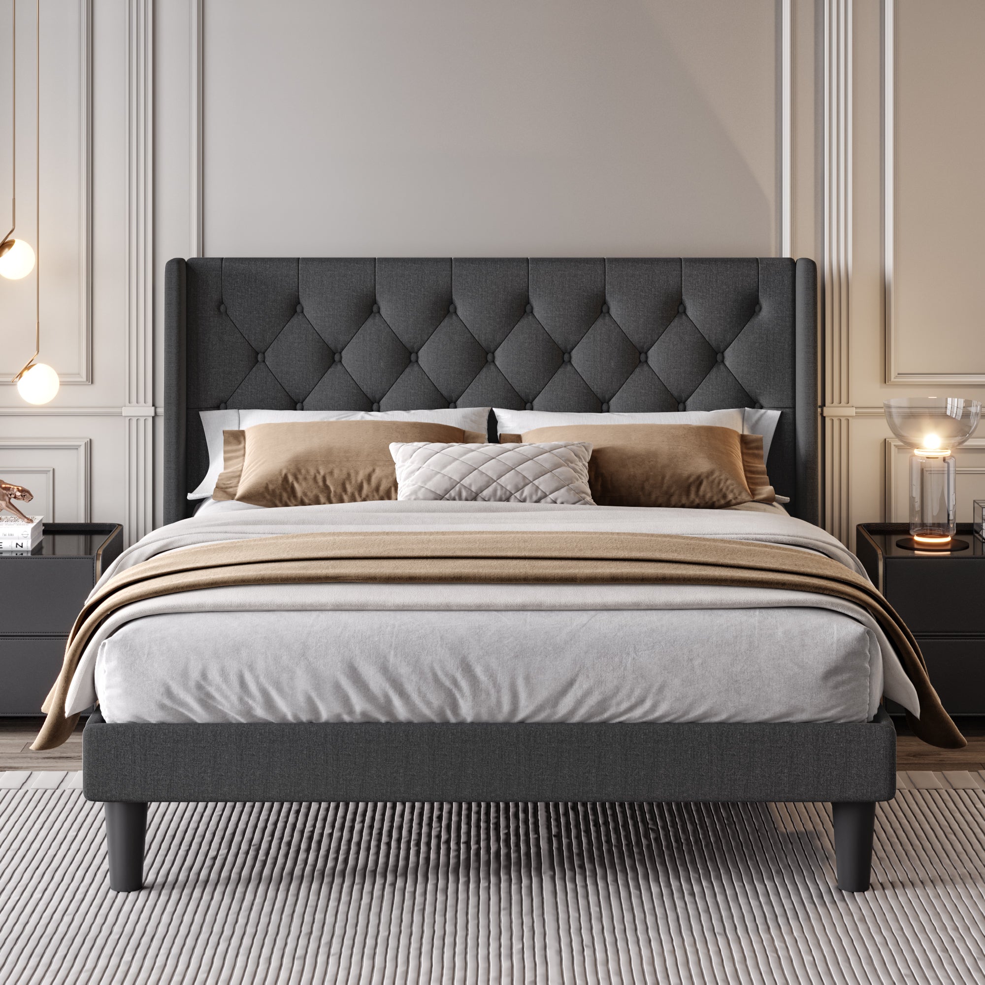Platform Bed Frame with Upholstered Headboard and Wingback, Button Tufted Design