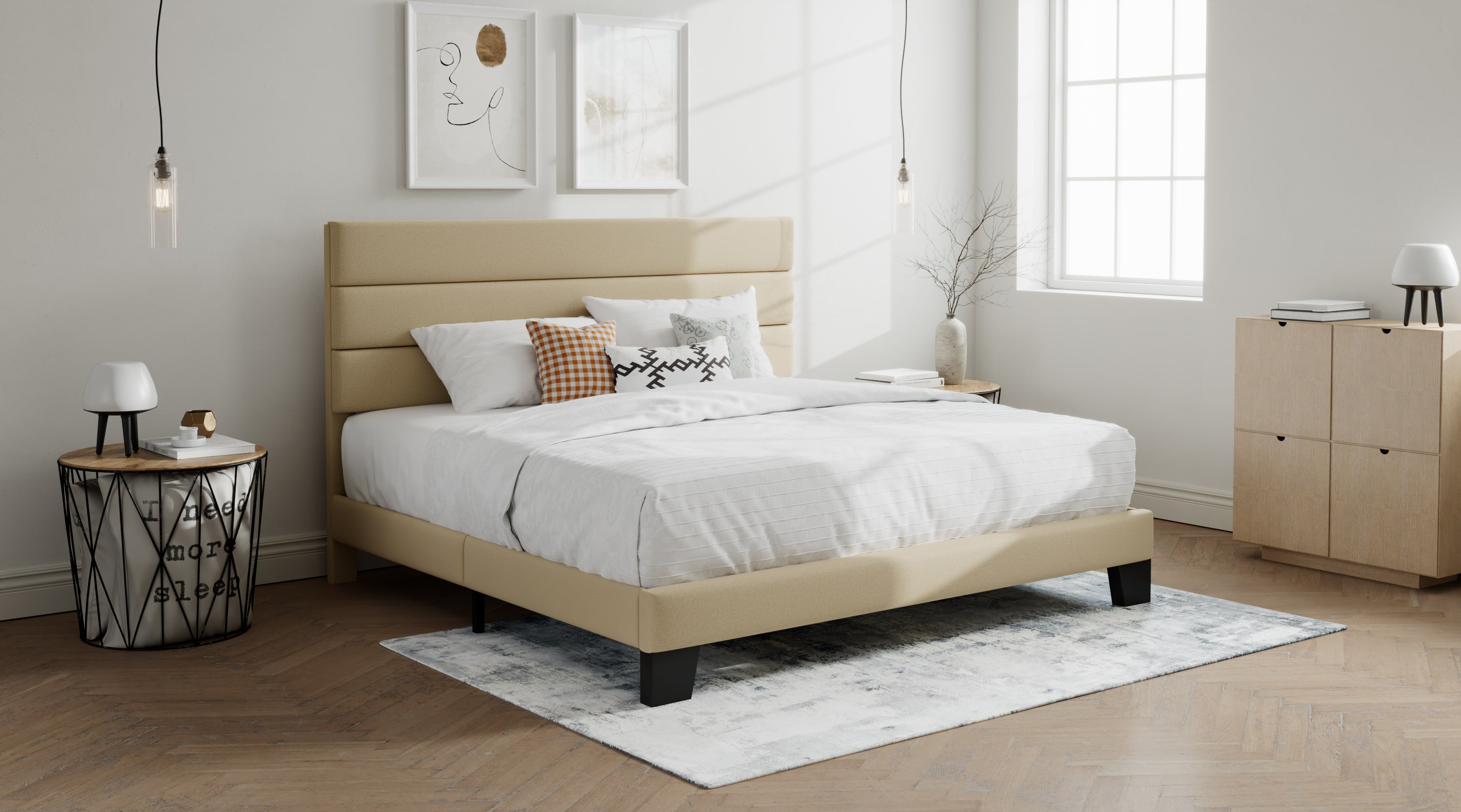Platform Upholstered Bed, Fabric Bed Frame with Headboard and Wooden Slats