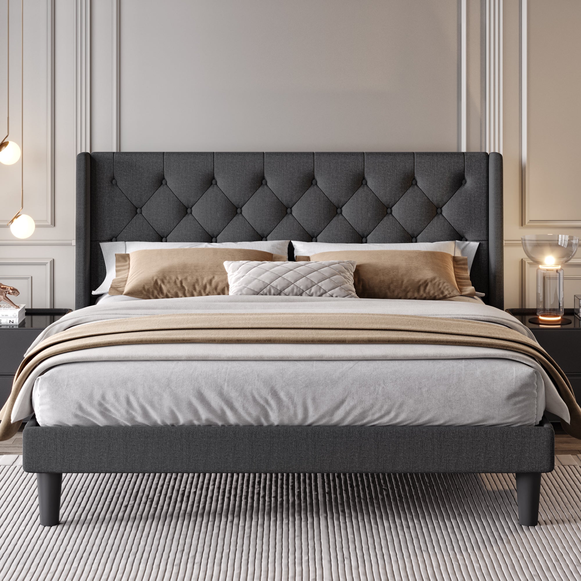 Platform Bed Frame with Upholstered Headboard and Wingback, Button Tufted Design