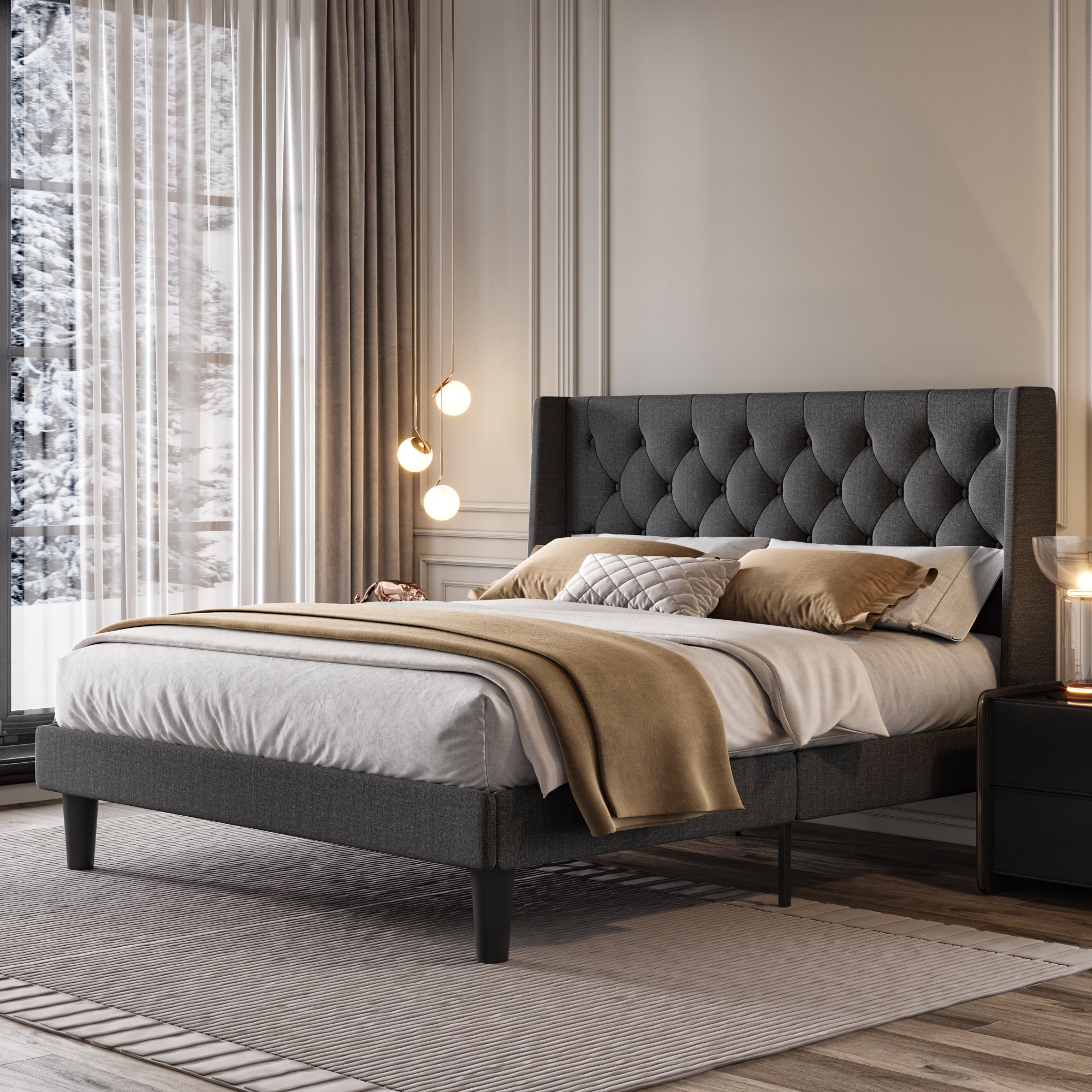 Platform Bed Frame with Upholstered Headboard and Wingback, Button Tufted Design