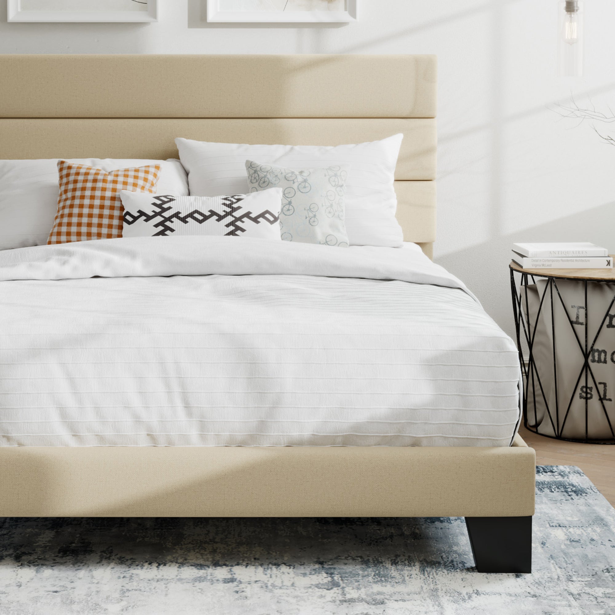 Platform Upholstered Bed, Fabric Bed Frame with Headboard and Wooden Slats