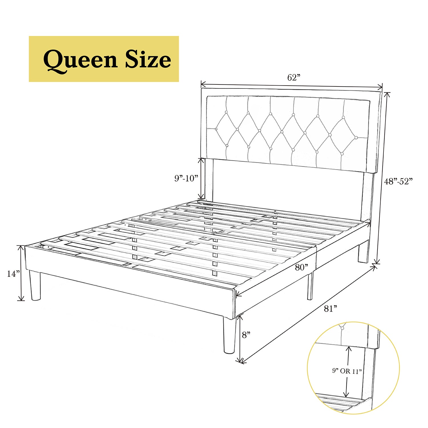 Upholstered Bed Frame with Adjustable Button Tufted Headboard