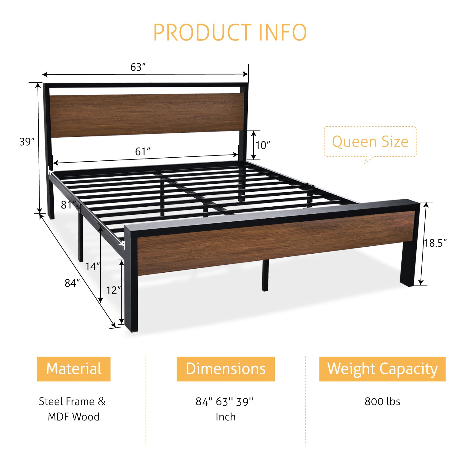 Metal Bed Frame with Wooden Headboard and Footboard, Mattress Foundation