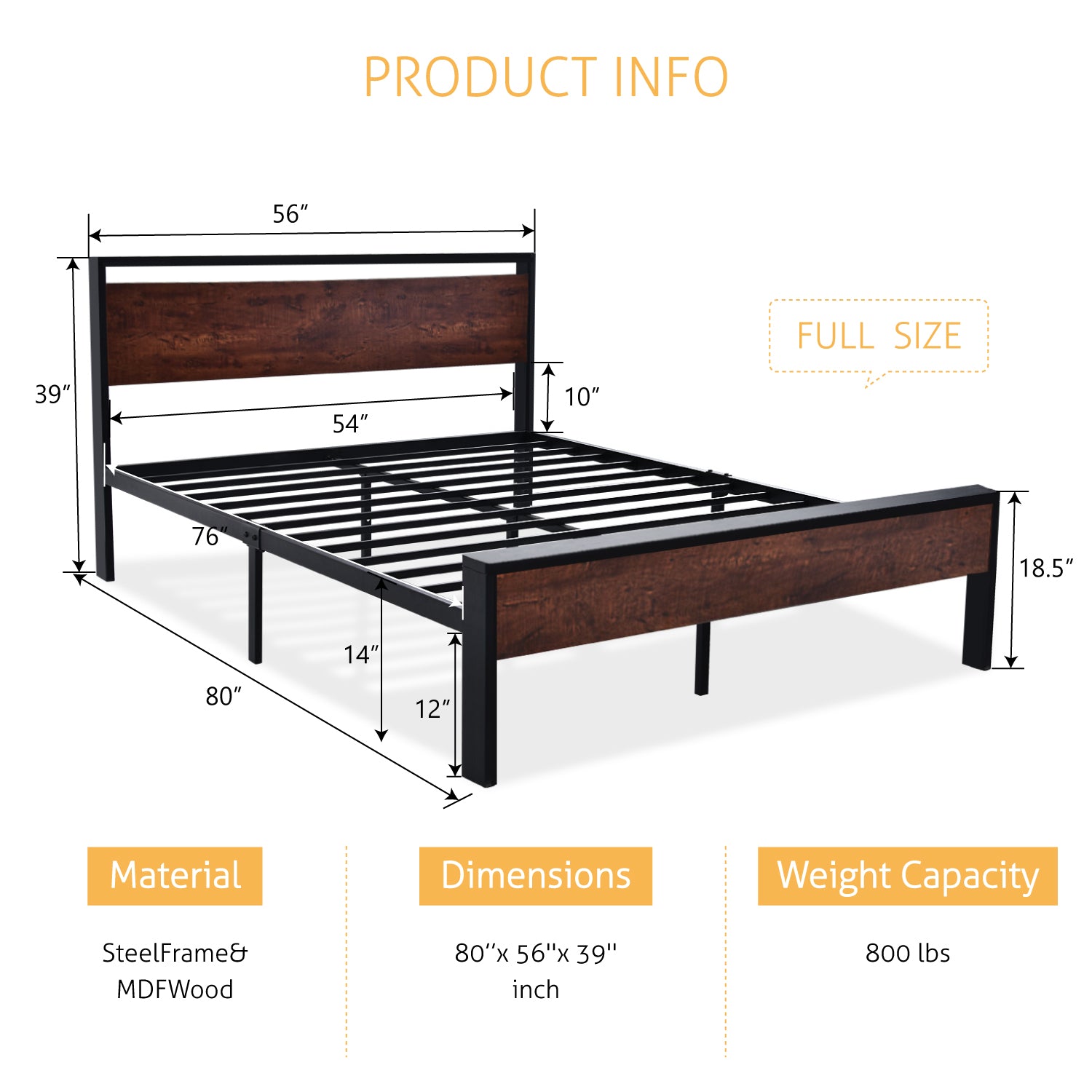 Metal Bed Frame with Wooden Headboard and Footboard, Mattress Foundation