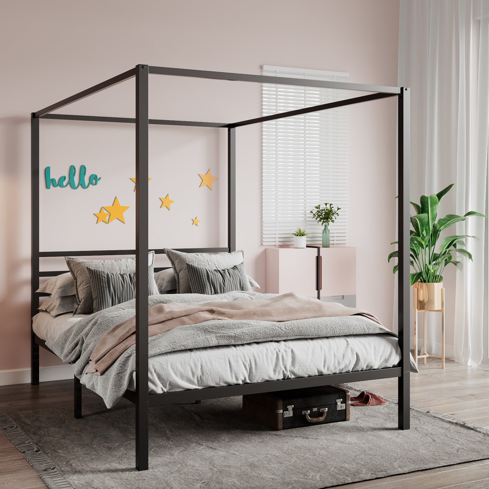 Metal Canopy Platform Bed Frame, No Box Spring Needed, Noise Free