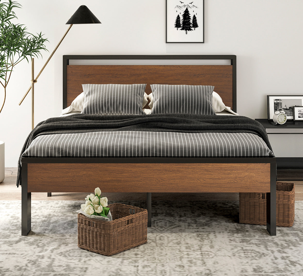 Metal Bed Frame with Wooden Headboard and Footboard, Mattress Foundation