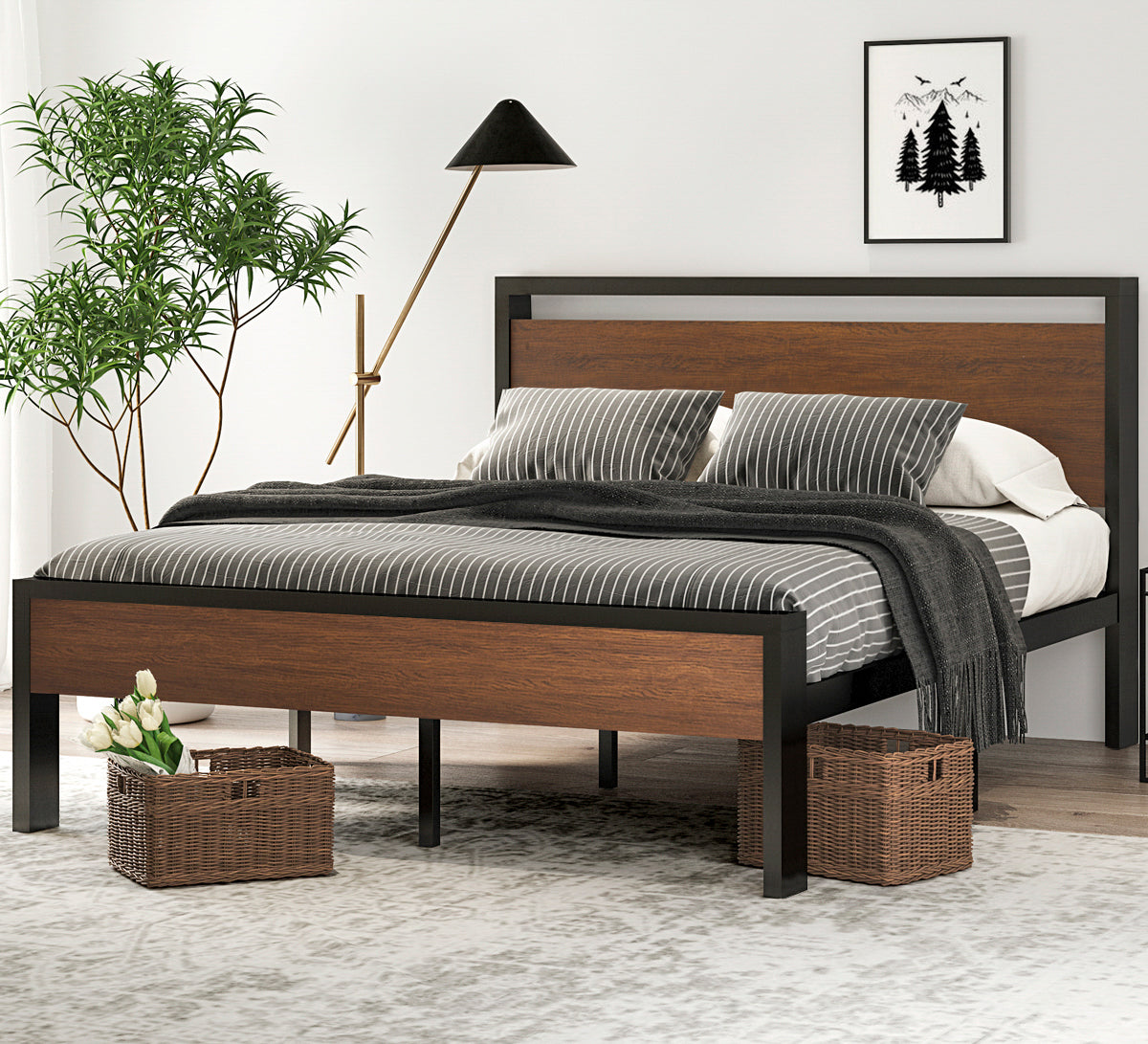 Metal Bed Frame with Wooden Headboard and Footboard, Mattress Foundation