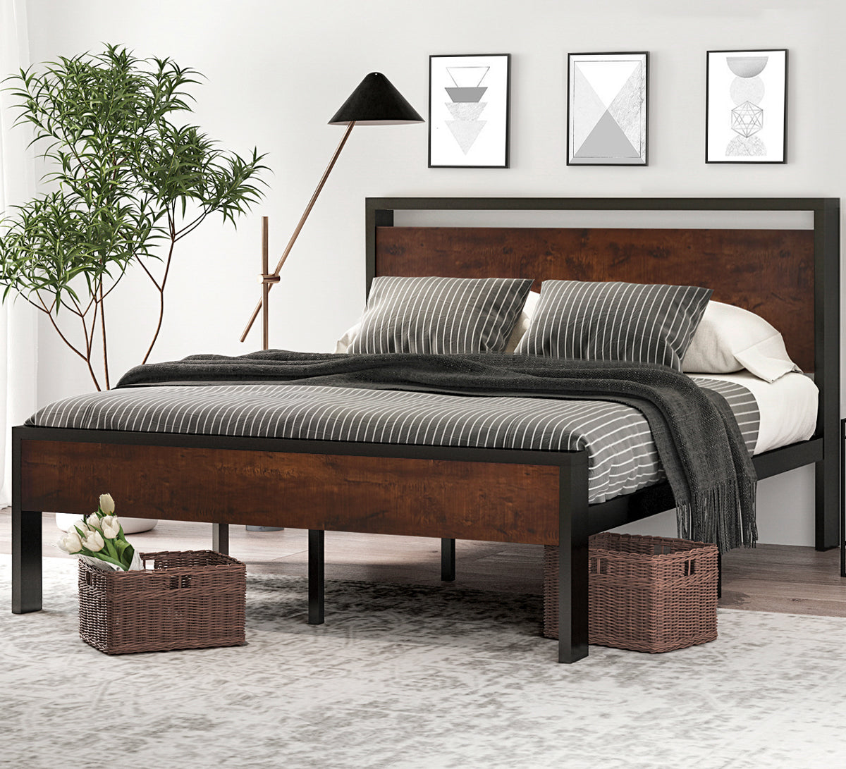 Metal Bed Frame with Wooden Headboard and Footboard, Mattress Foundation