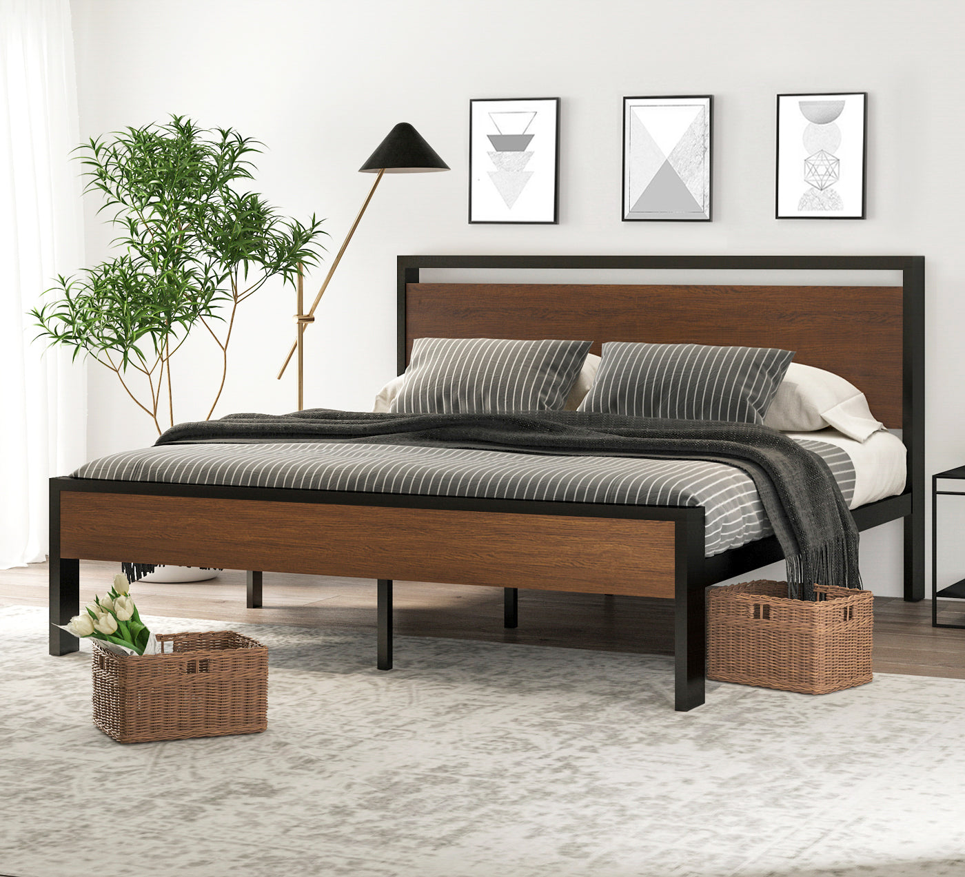 Metal Bed Frame with Wooden Headboard and Footboard, Mattress Foundation