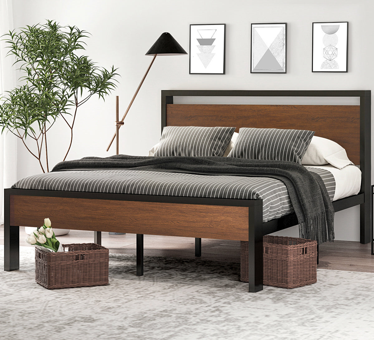 Metal Bed Frame with Wooden Headboard and Footboard, Mattress Foundation