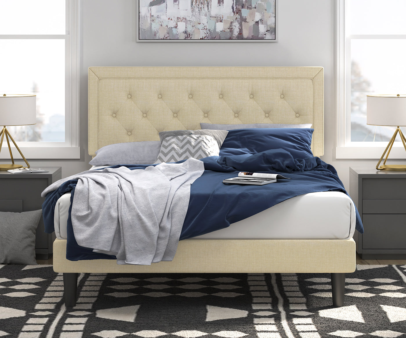 Upholstered Bed Frame with Adjustable Button Tufted Headboard