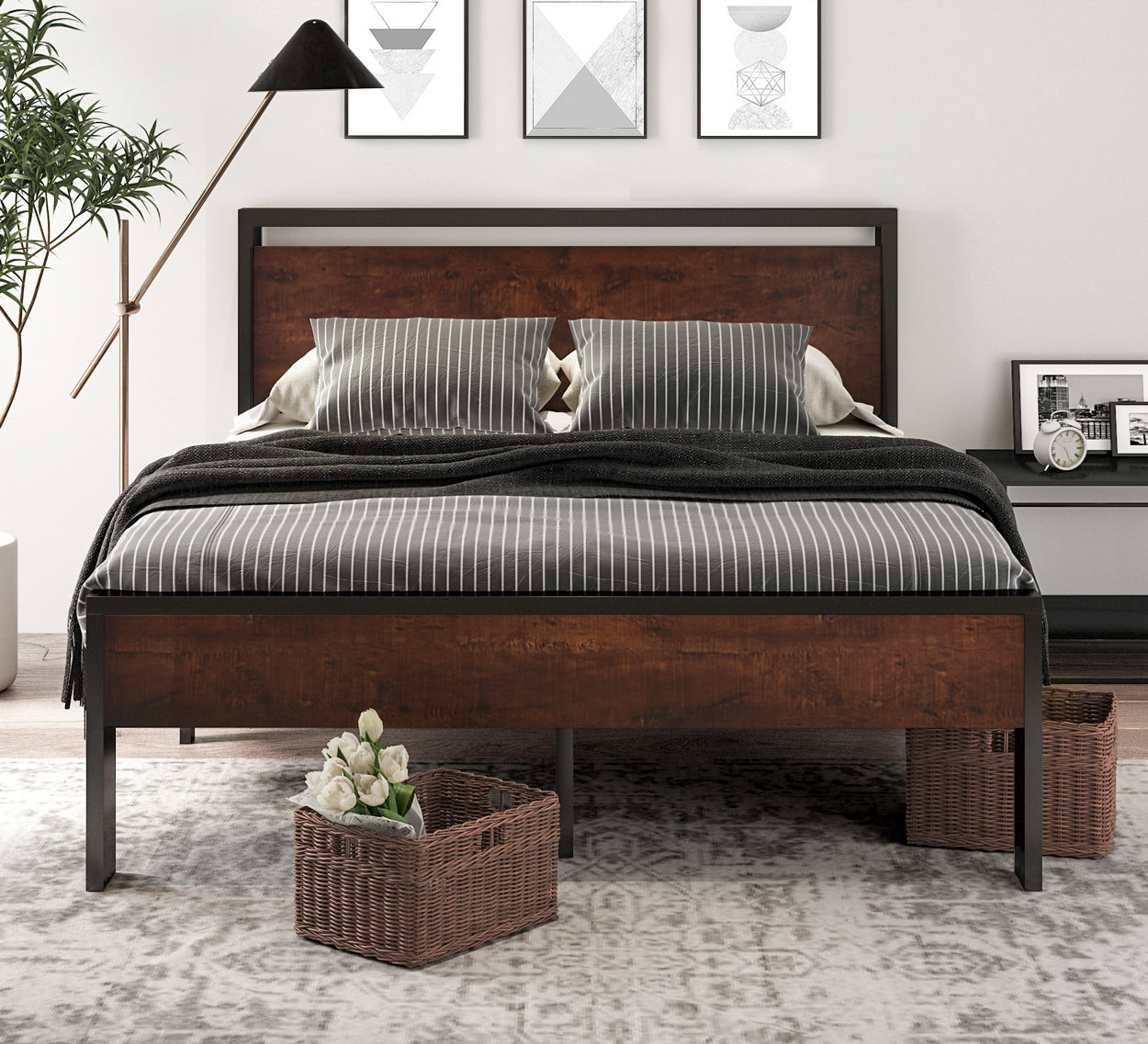 Metal Bed Frame with Wooden Headboard and Footboard, Mattress Foundation