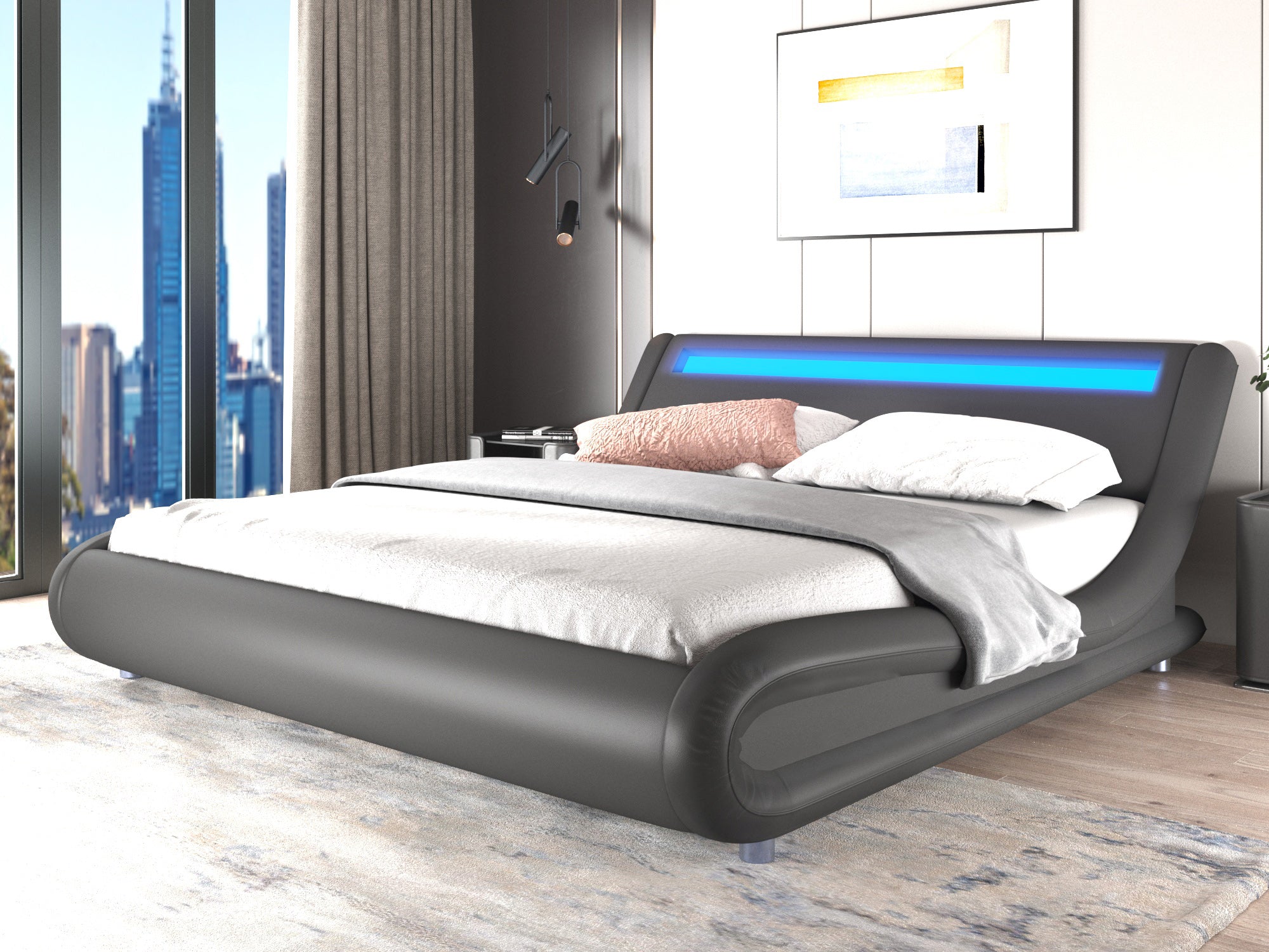 Wave Like Curve Deluxe Upholstered Modern Bed Frame with LED Headboard