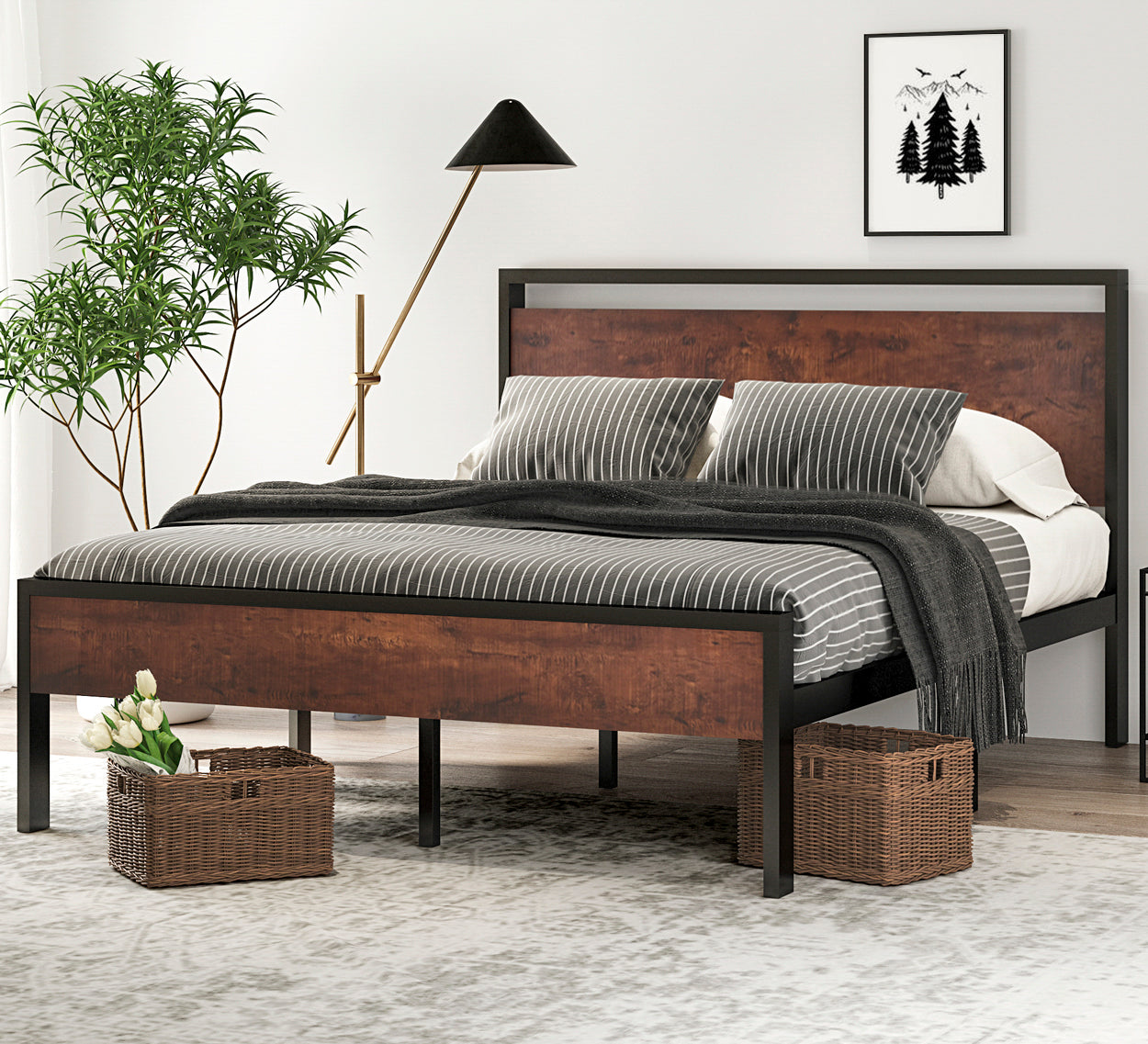 Metal Bed Frame with Wooden Headboard and Footboard, Mattress Foundation