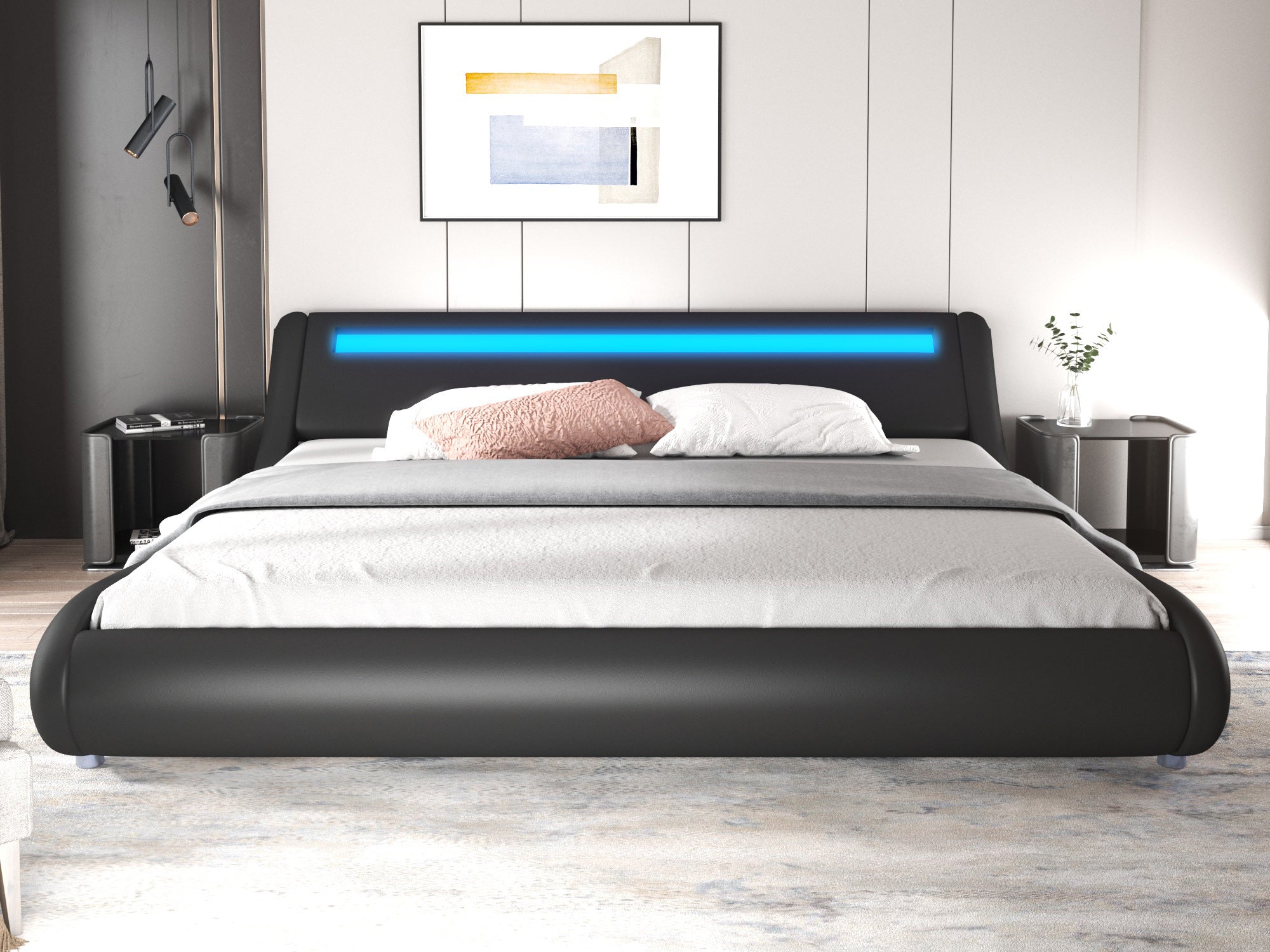 Wave Like Curve Deluxe Upholstered Modern Bed Frame with LED Headboard