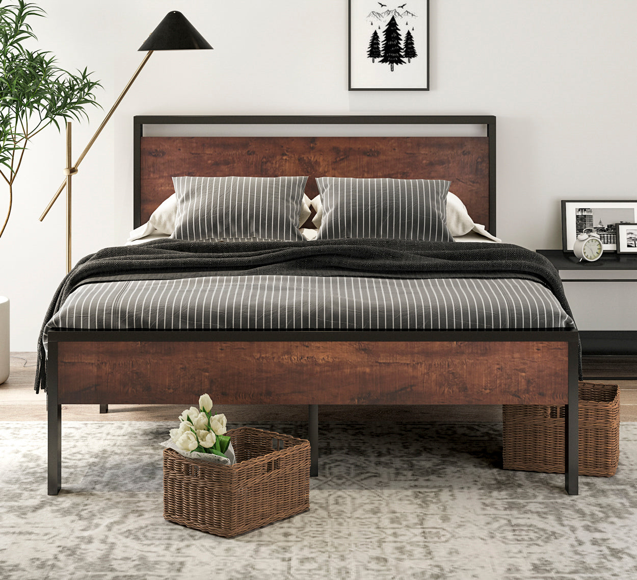 Metal Bed Frame with Wooden Headboard and Footboard, Mattress Foundation