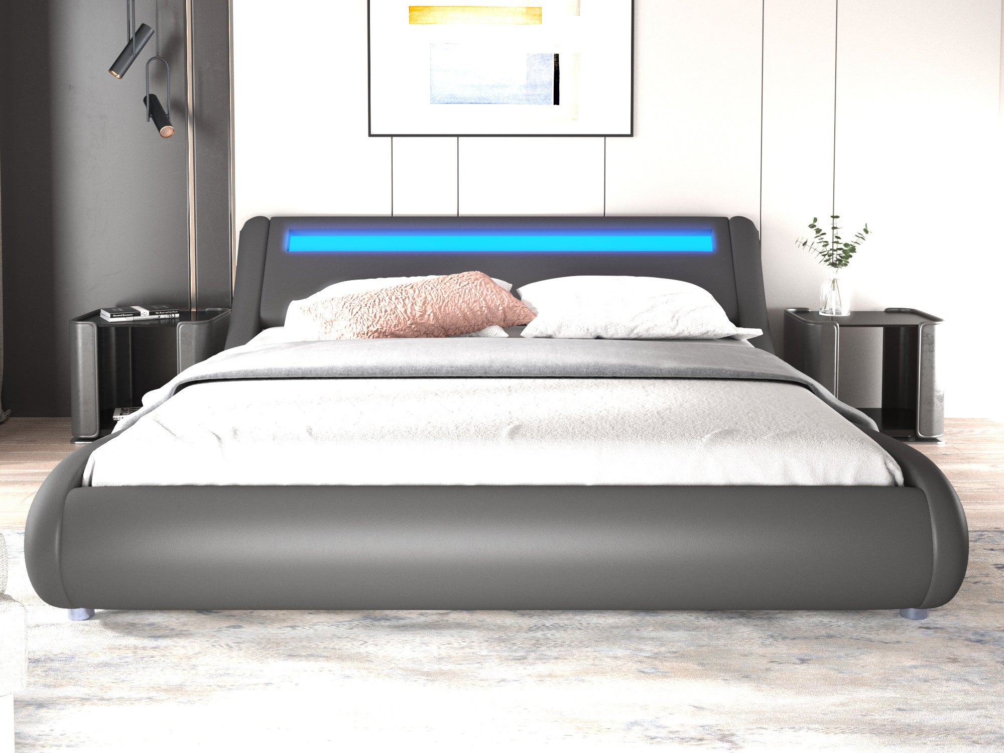 Wave Like Curve Deluxe Upholstered Modern Bed Frame with LED Headboard