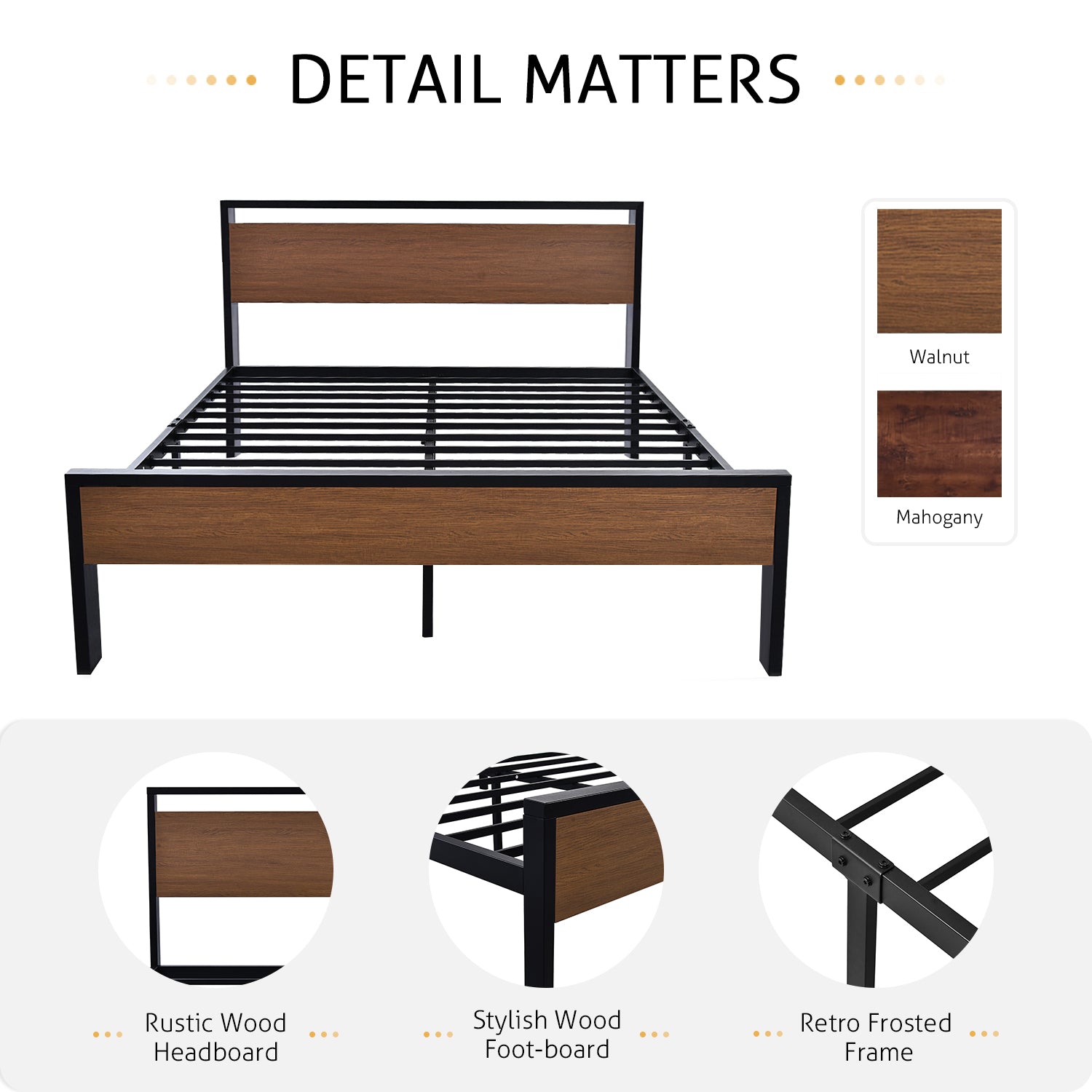 Metal Bed Frame with Wooden Headboard and Footboard, Mattress Foundation