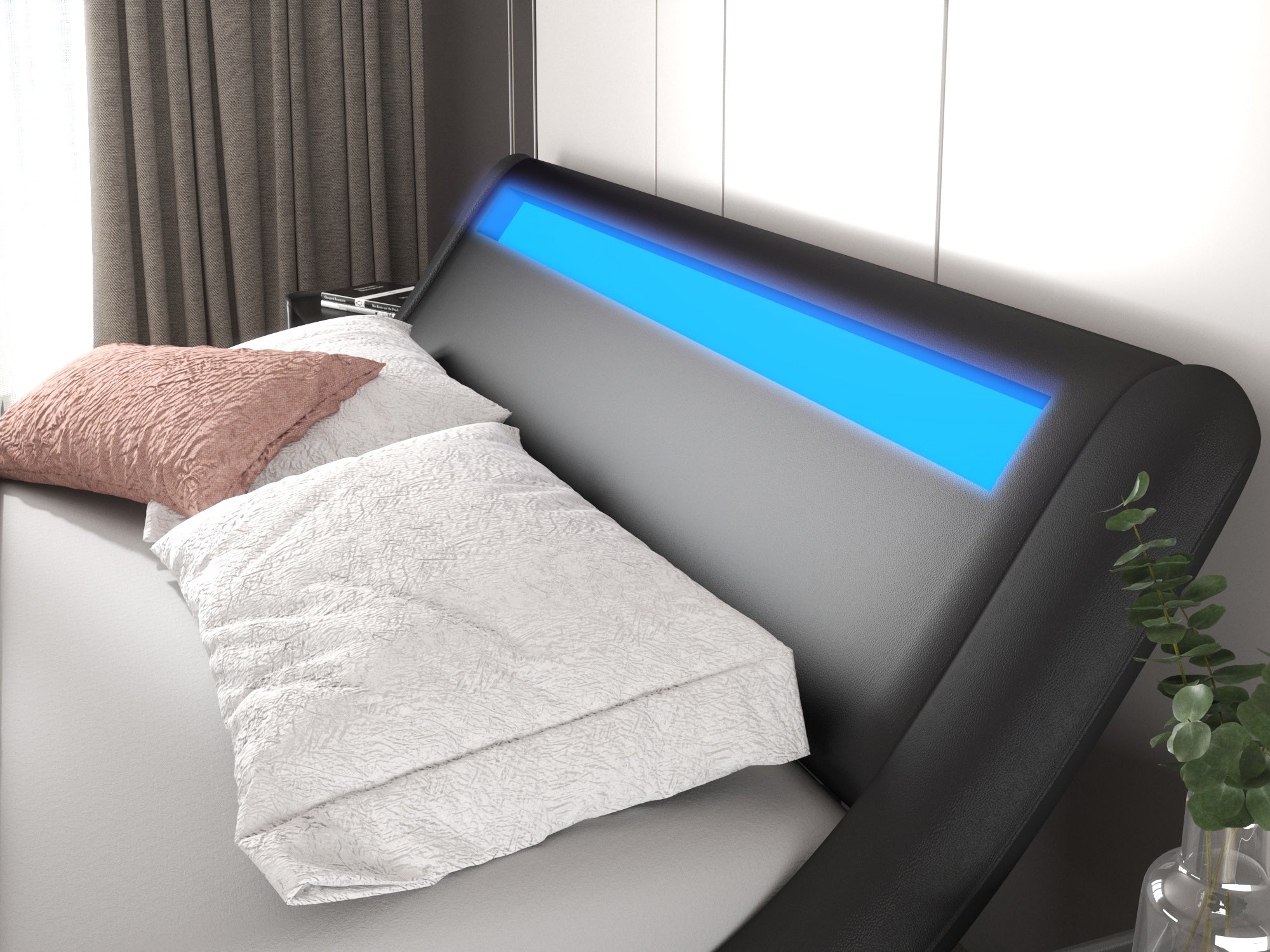 Wave Like Curve Deluxe Upholstered Modern Bed Frame with LED Headboard