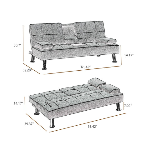 WIIS' IDEA™ Modern Convertible Folding Futon Loveseat Sofa Bed With Removable Armrests - Grey
