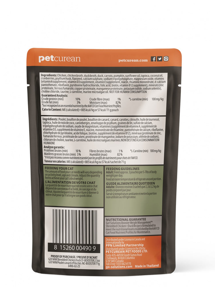 Petcurean GO! Booster Weight Management Shredded Chicken and Duck in broth for cats