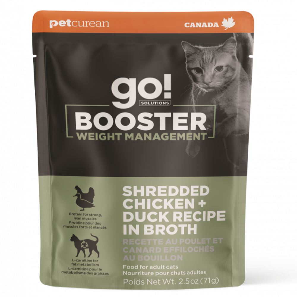 Petcurean GO! Booster Weight Management Shredded Chicken and Duck in broth for cats