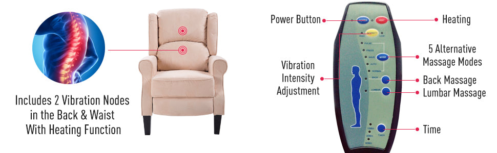 Heated Massage Chair Push-Back Vibrating Recliner Sofa Chair Suede Fabric Padded Seat with Remote Control