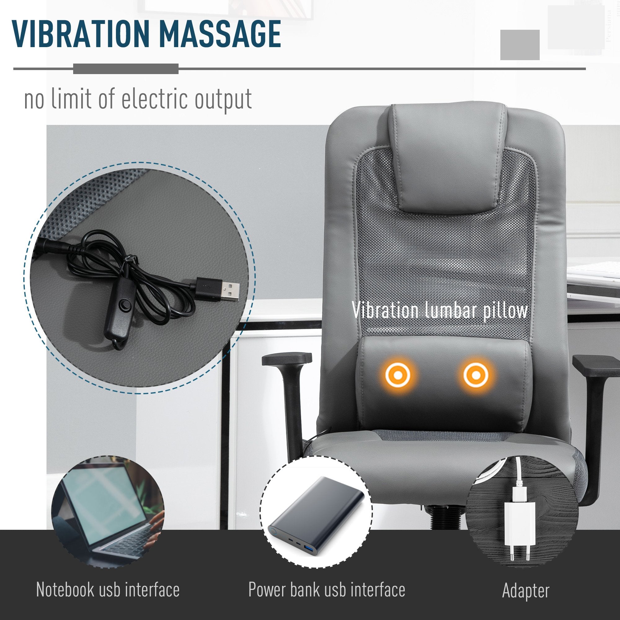 Mesh Office Chair with Rechargeable Electric Vibration Massage Lumbar Rocking, with Pillow, Wheels