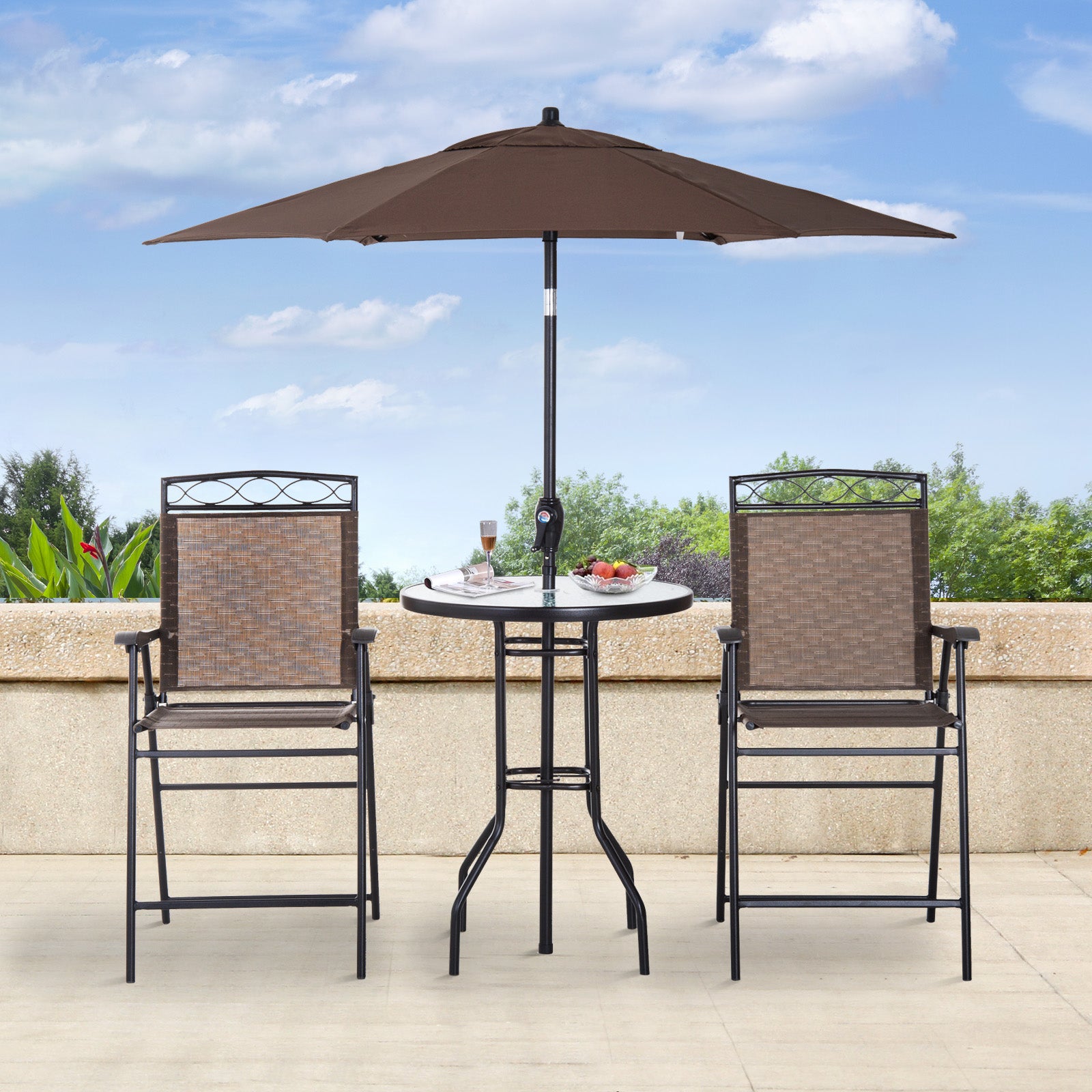 4 Piece Folding Outdoor Patio Pub Dining Table and Chairs Set with 6’ Adjustable Tilt Umbrella