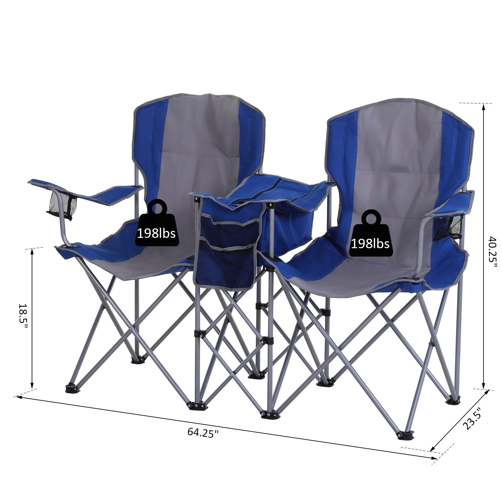 2-Person Folding Oxford Metal Portable Camping Chair with Center Ice Bag Included Magazine Sleeve - Blue