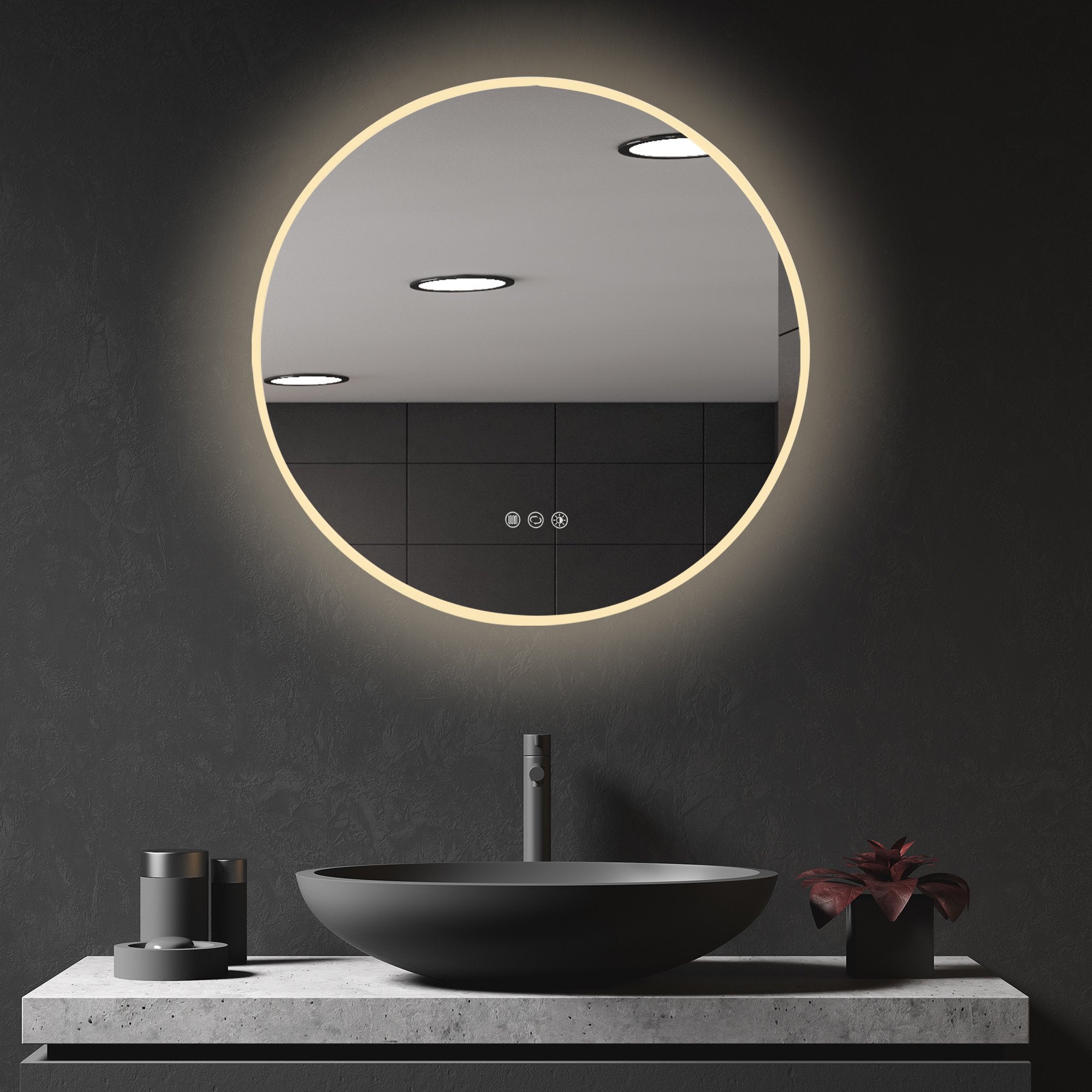 24''x24'' Round LED Bathroom Mirror with Defogging Function and 3 Color White Temperatures