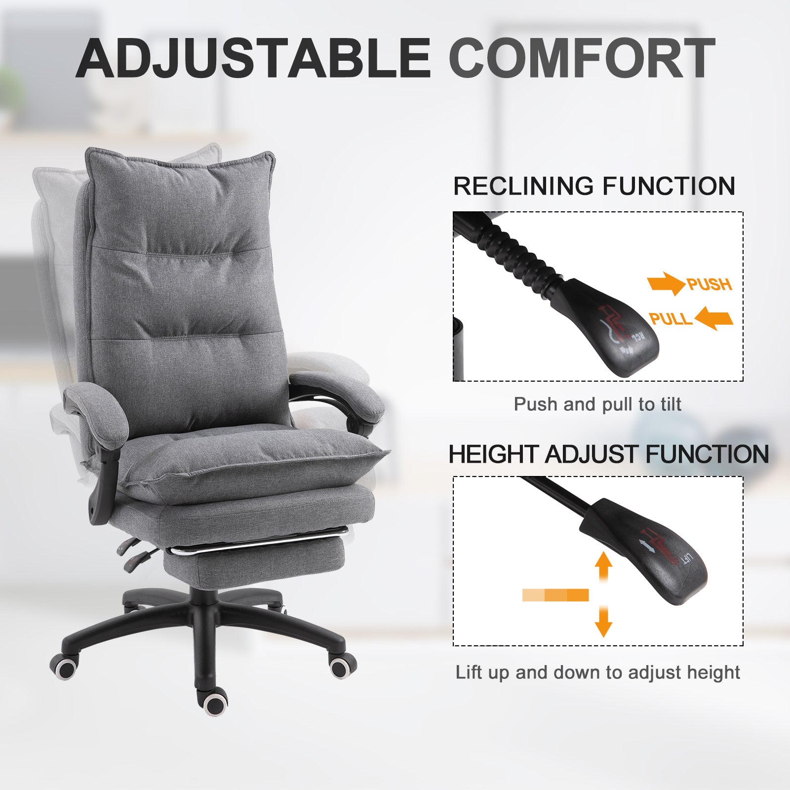 360° Swivel Home Office Chair Double Padding Adjustable Chair Linen Fabric Recliner with Footrest