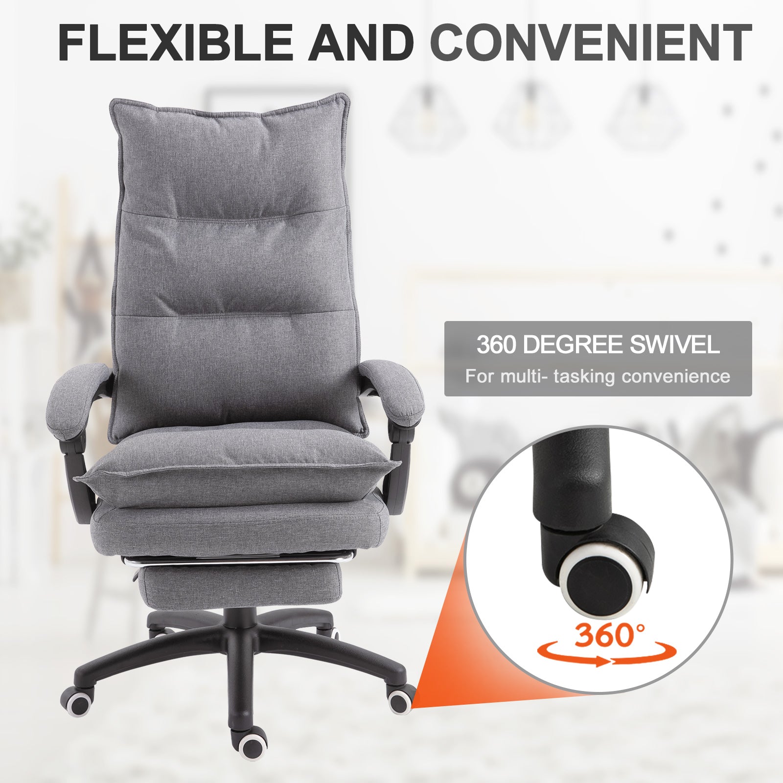 360° Swivel Home Office Chair Double Padding Adjustable Chair Linen Fabric Recliner with Footrest
