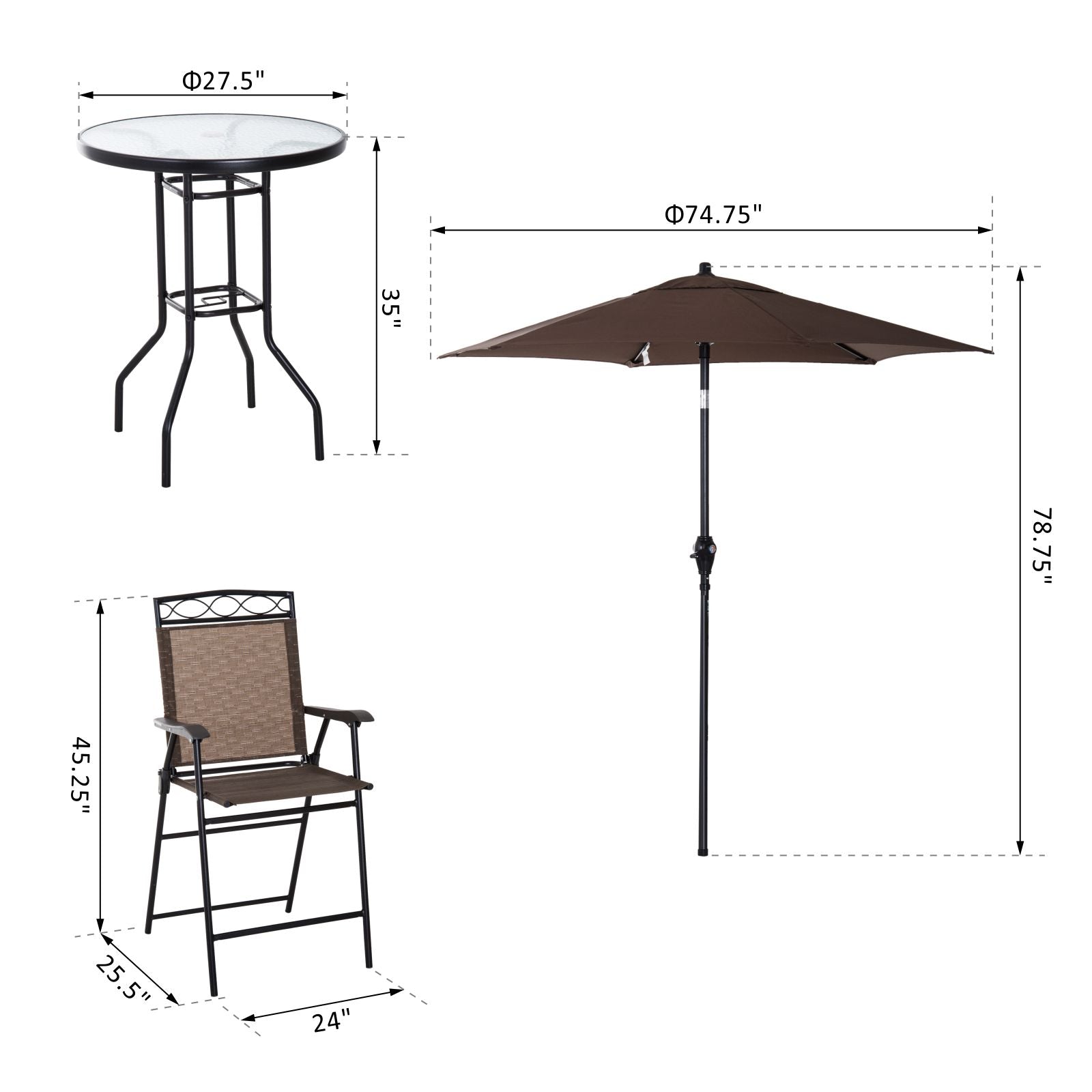 4 Piece Folding Outdoor Patio Pub Dining Table and Chairs Set with 6’ Adjustable Tilt Umbrella