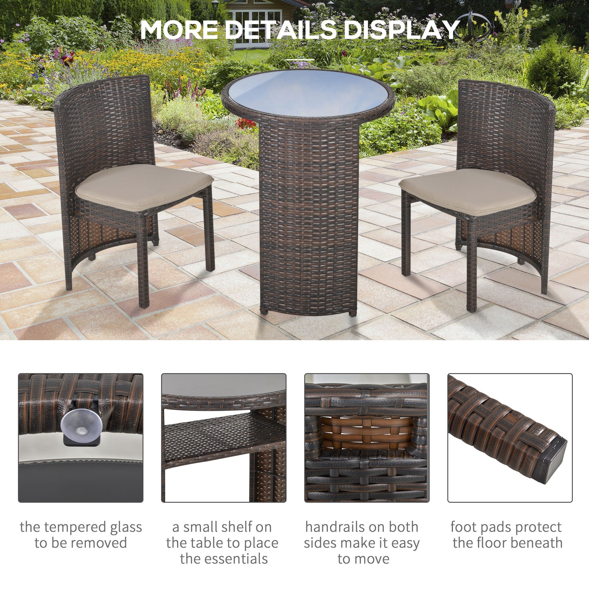 3 Piece Outdoor Rattan Wicker Bistro Set with Storage Shelf Conversation Set for Garden Backyard Porch